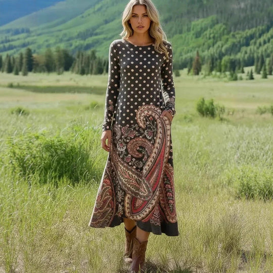 Damen Maxikleid mit Paisley‑ und Polka‑Dot‑Print, langärmeliges A‑Linien‑Jerseykleid Shop Nory
