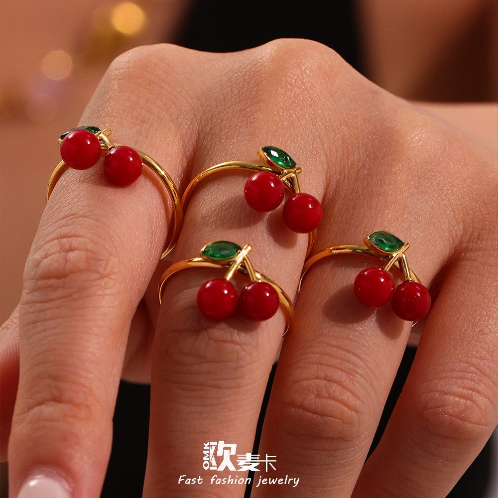 Damen Offener Ring mit Kirschmotiv aus hochwertigem Edelstahl und funkelnden Strasssteinen Shop Nory