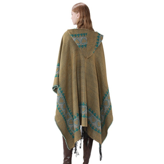 Damen Kapuzen-Capeponcho aus Wollmix mit Herz-Jacquard und Fransensaum Shop Nory