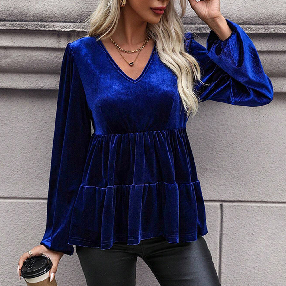 Damen samtiges Volant‑Peplum‑Top mit V‑Ausschnitt, geraffter Taille und langen Ballonärmeln Shop Nory