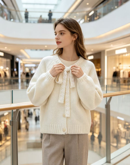 Damen Oversize Strickpullover mit dekorativem Blumen-Spitzenband Shop Nory
