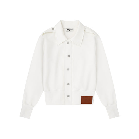Damen Kurz geschnittene Sweatjacke mit Hemdkragen Schulterklappen und Lederpatch Shop Nory