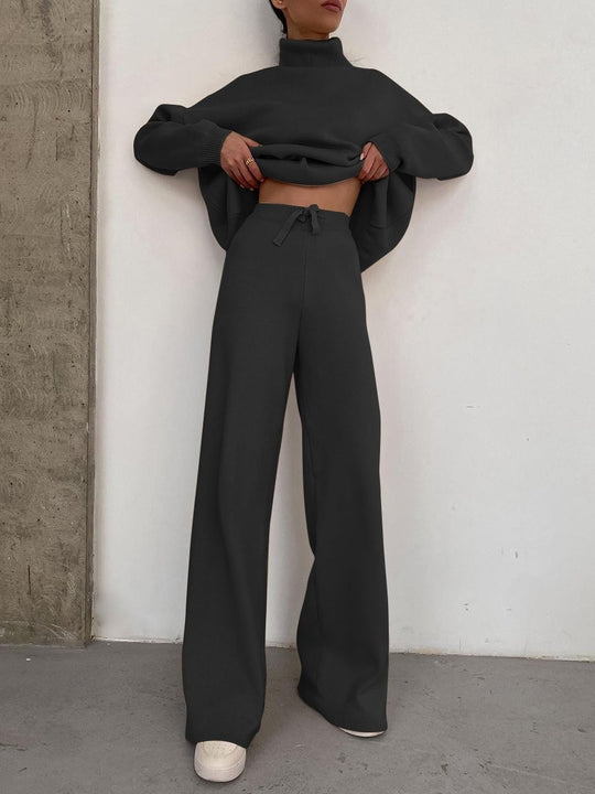 Damen Weite Strickhose mit hoher Taille, Tunnelzug und weitem Bein Shop Nory