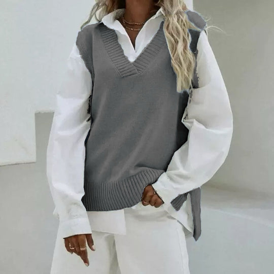 Damen Ärmellose Strickweste mit V-Ausschnitt und seitlichen Schlitzen Shop Nory