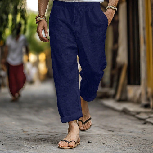 Herren lässige Leinen-Joggerhose mit elastischem Tunnelzugbund, seitlichen Eingrifftaschen und aufrollbarem Saum Shop Nory