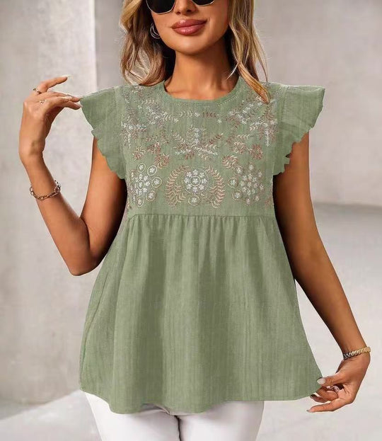 Damen Lockeres besticktes Babydoll-Top mit Rüschenärmeln Shop Nory