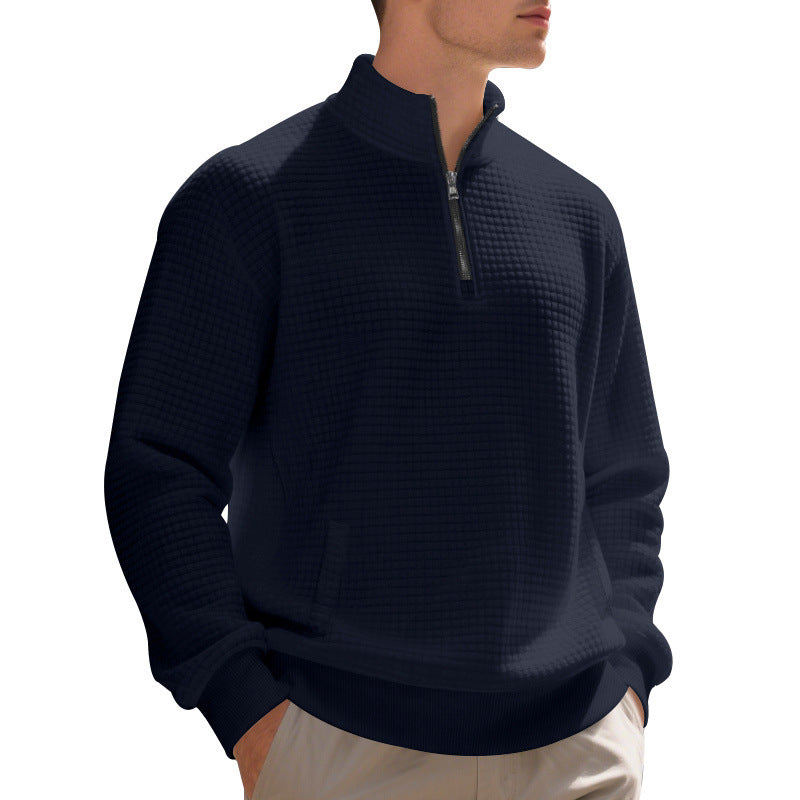 Herren Waffelstrick-Halbzip-Pullover mit Stehkragen, Kängurutasche & gerippten Abschlüssen Shop Nory