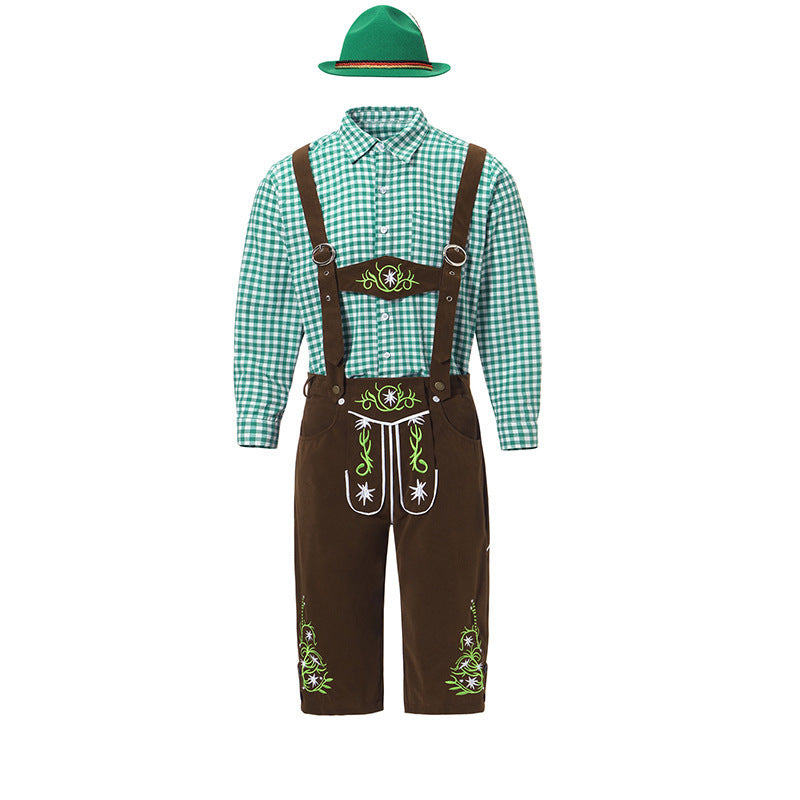 Herren nan traditionelle Trachtenlederhose mit bestickten Hosenträgern, kariertem Trachtenhemd und Filzhut Shop Nory
