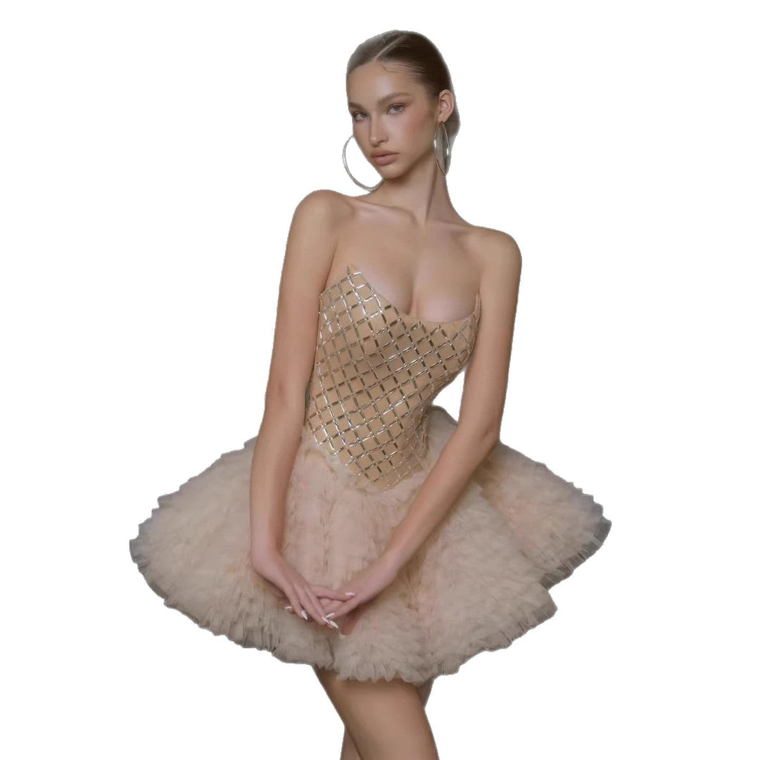 Damen Glamouröses Tüll-Cocktailkleid mit schimmerndem Oberteil