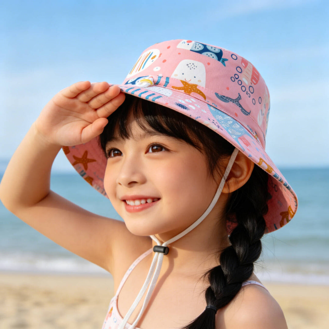 Unisex nan Kinder-Sonnenhut mit Wendemotiv, Kinnband und hohem UV-Schutz  Shopnory