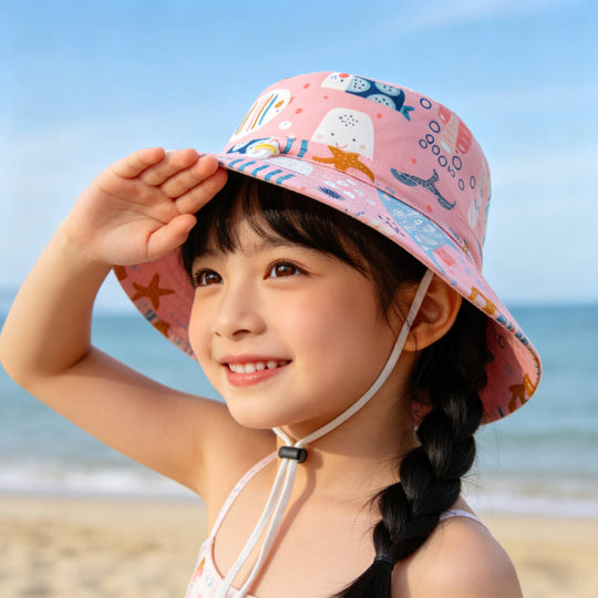 Unisex nan Kinder-Sonnenhut mit Wendemotiv, Kinnband und hohem UV-Schutz  Shopnory