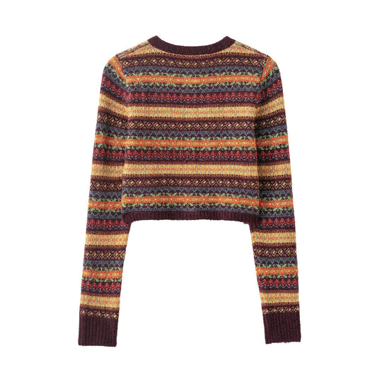 Damen Kurzgeschnittene Fair-Isle Strickjacke mit Rundhalsausschnitt und Knopfleiste Shop Nory