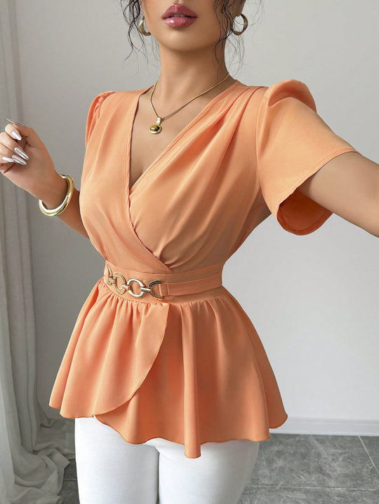 Damen Wickelbluse mit Taillen-Gürtel und asymmetrischem Volant Shop Nory