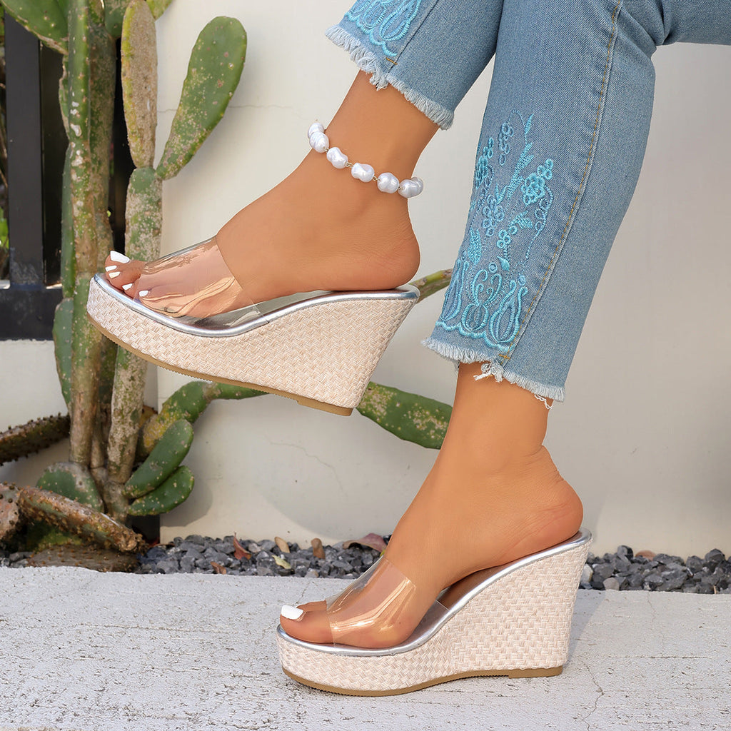 Damen Wedge-Sandalen mit transparentem Riemen und luxuriösem Kork-Design