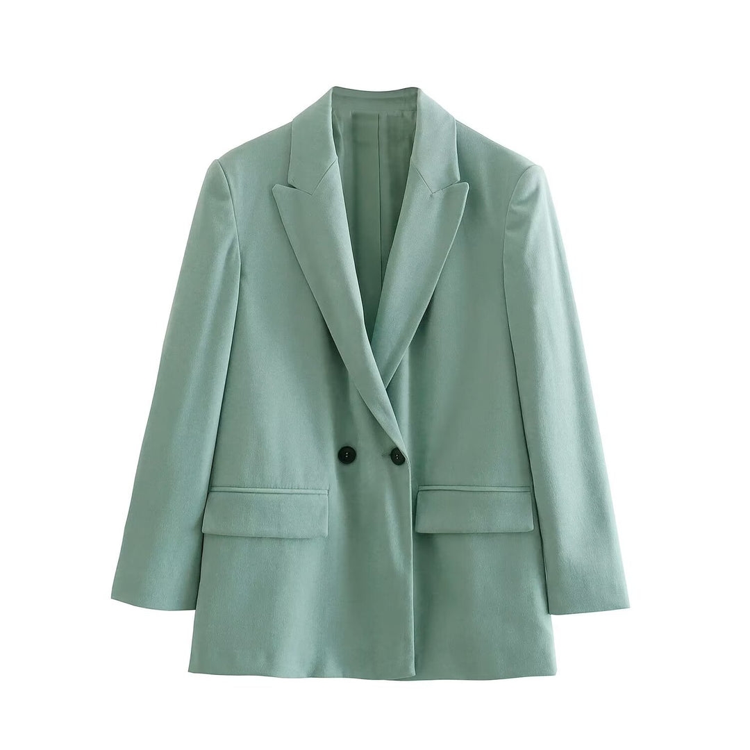 Damen Doppelreihiger Longblazer mit weitem Schalkragen und Pattentaschen Shop Nory