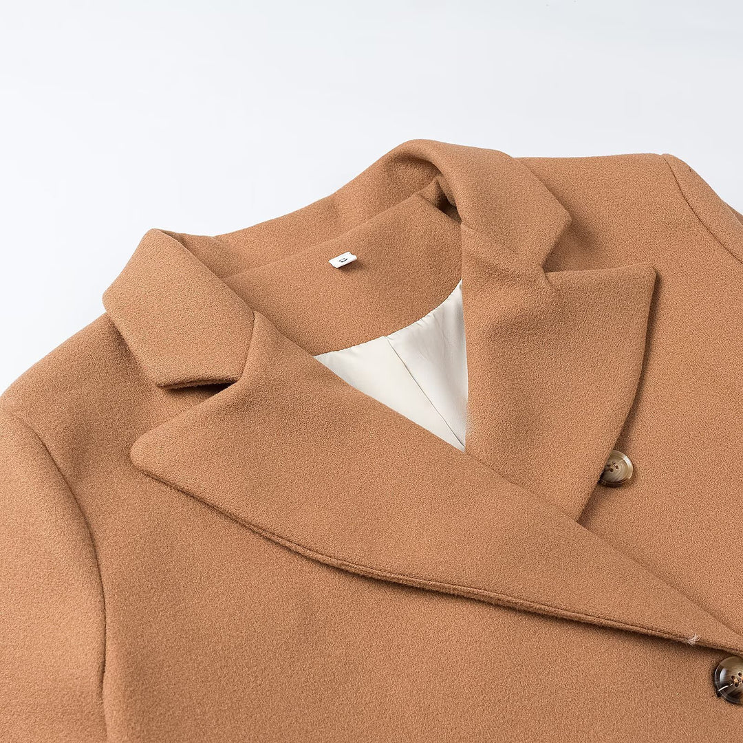 Damen Doppelreihiger Longcoat mit breitem Reverskragen und Pattentaschen Shop Nory