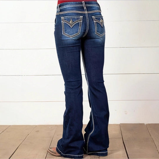 Damen Hochtaillierte Flared-Jeans mit dekorativen Metallknöpfen und Kontraststeppung Shop Nory