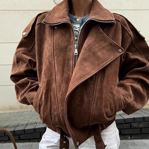 Damen Oversize-Bomberjacke im Velourslook mit hohem Stehkragen und Taillengürtel Shop Nory