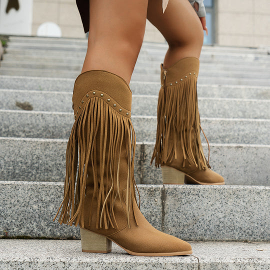 Damen Wadenhohe Wildleder Westernstiefel mit langen Fransen und Ziernieten Shop Nory