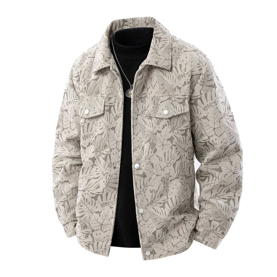 Herren Kordjacke im Truckerstil mit tonalem Blattmuster, Druckknopf‑Front und Pattentaschen Shop Nory