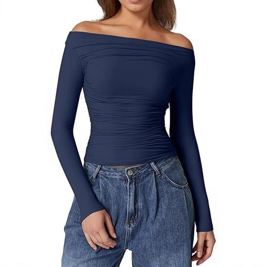 Damen Schulterfreies tailliertes Stretch-Longsleeve mit Raffung und figurbetonter Silhouette Shop Nory