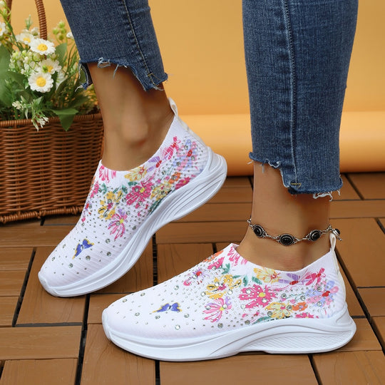 Damen Slip-On Strick-Sneaker mit elastischem Schaft, Blumenprint und Strassbesatz Shop Nory