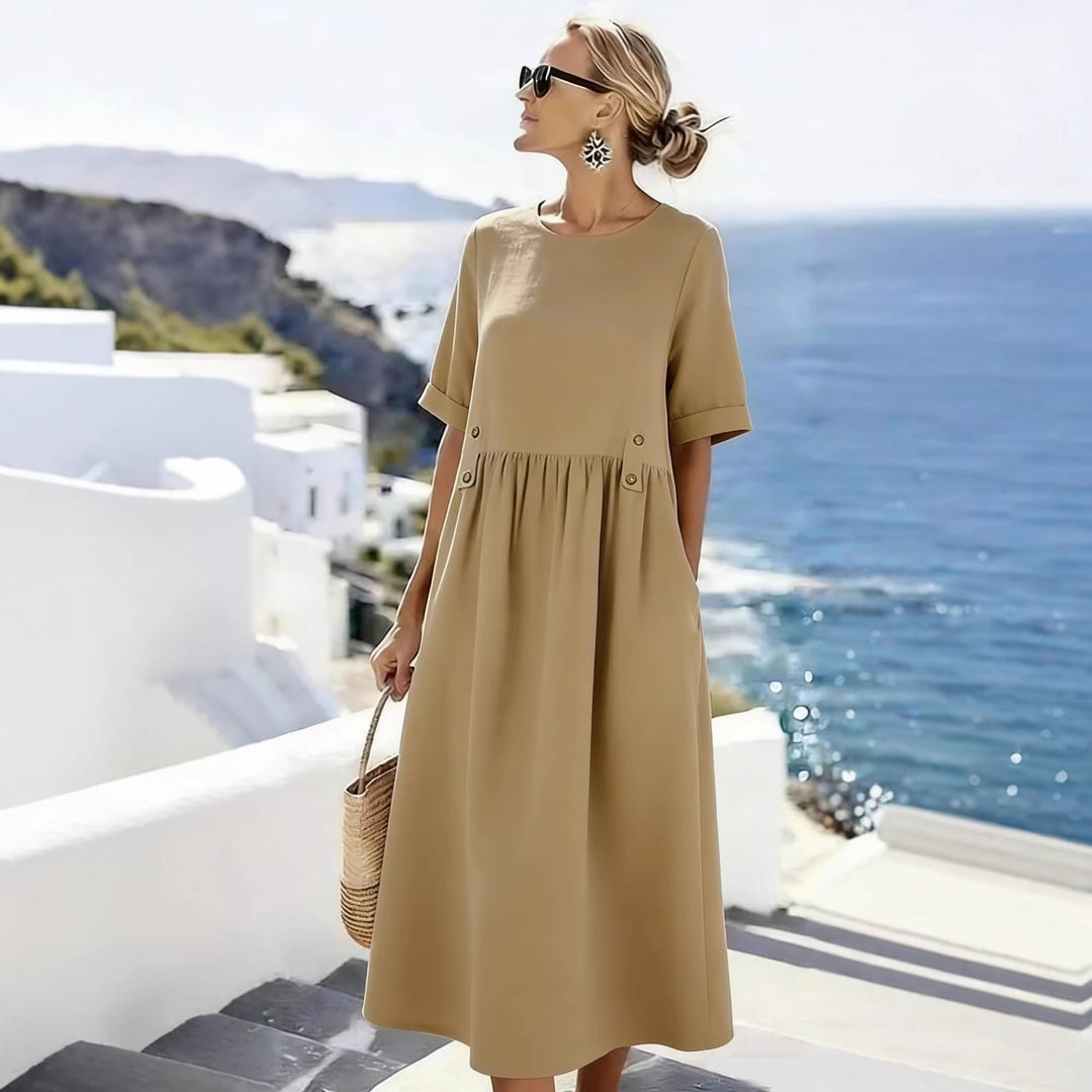 Damen Langes Leinenoptik-Sommerkleid mit geraffter Taillenpartie und Eingrifftaschen Shop Nory