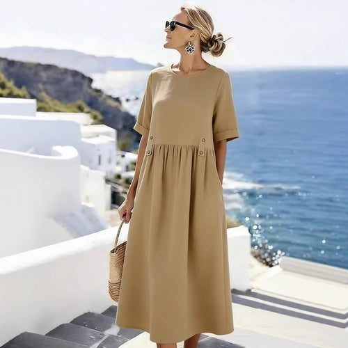 Damen Langes Leinenoptik-Sommerkleid mit geraffter Taillenpartie und Eingrifftaschen Shop Nory