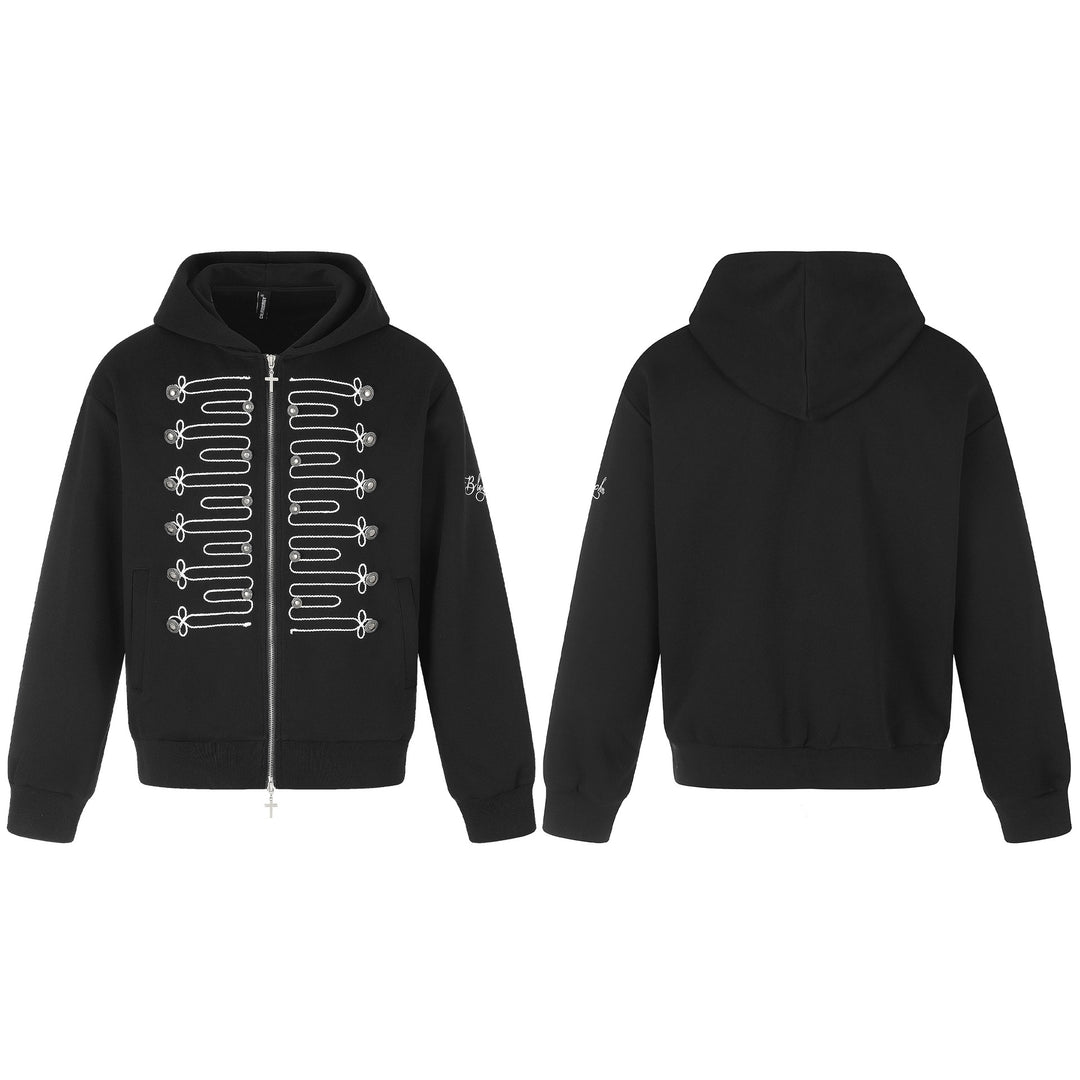 Unisex Kapuzen-Zipjacke im Military‑Stil mit dekorativer Kordelapplikation und Kreuzzipper Shop Nory