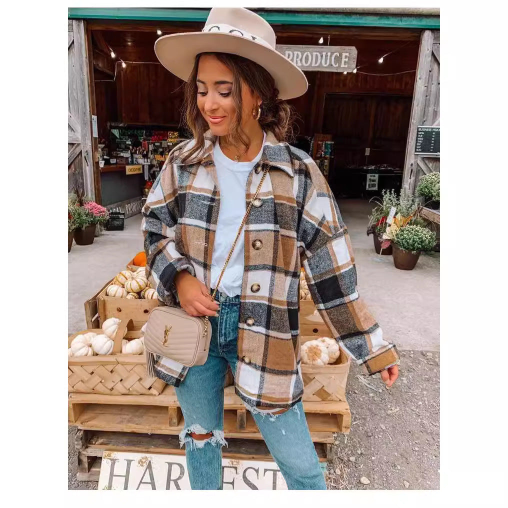 Damen Oversized Kariertes Flanell‑Shacket mit Brusttaschen und Holzknöpfen Shop Nory