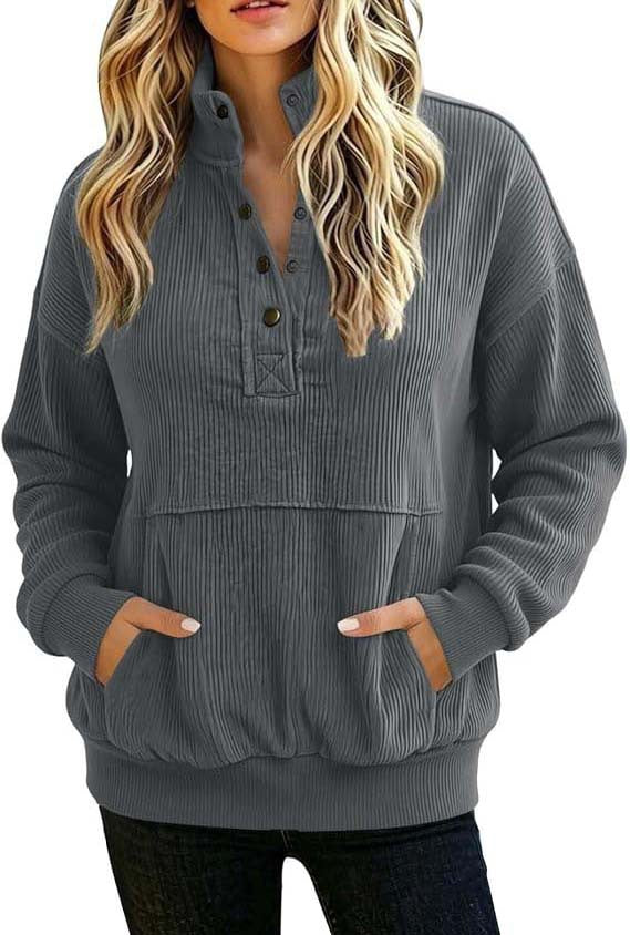 Damen gerippter Henley-Pullover mit Stehkragen und Kängurutasche Shop Nory