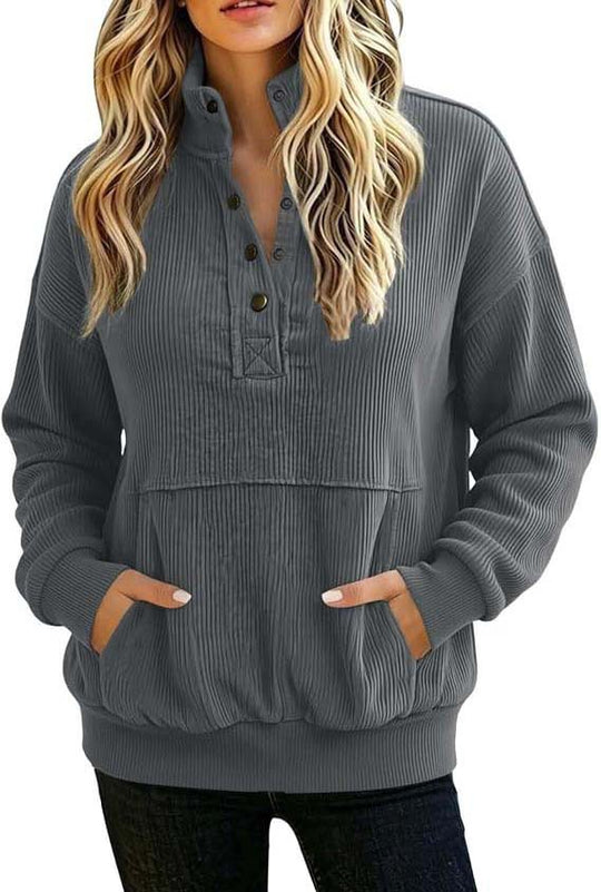Damen gerippter Henley-Pullover mit Stehkragen und Kängurutasche Shop Nory