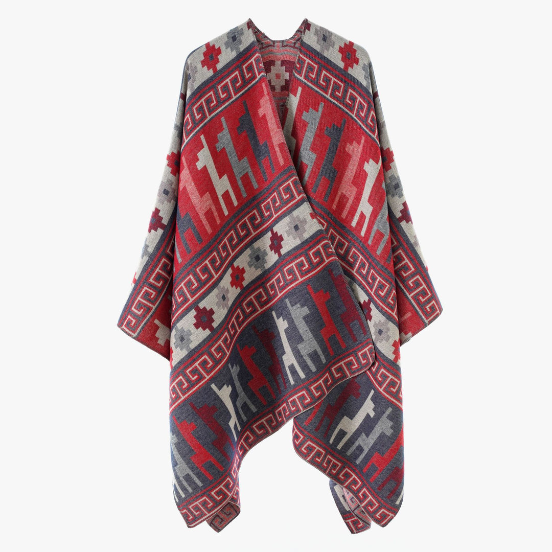 Damen Jacquard‑Strickponcho mit Ethno‑Tiermotiven und offenem Kimono‑Schnitt Shop Nory