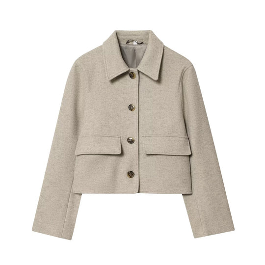 Damen Kurzjacke aus Wollmix mit Hemdkragen, aufgesetzten Pattentaschen und kastiger Cropped‑Silhouette Shop Nory