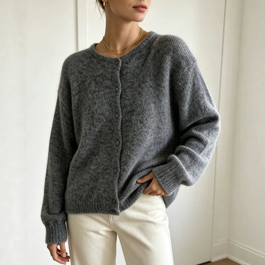 Damen Rundhals-Strickjacke mit weichem Flormix, Knopfverschluss und gerippten Bündchen Shop Nory