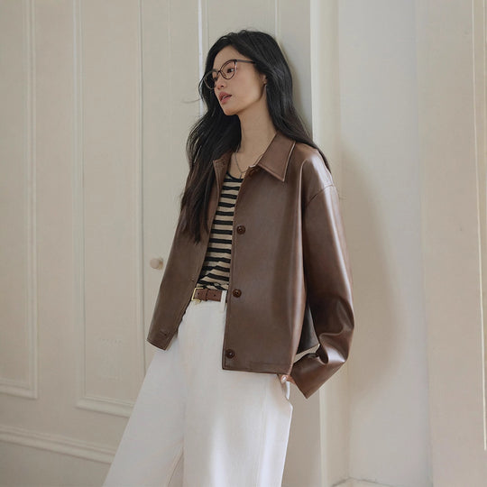 Damen Boxy-Lederoptik-Jacke mit Hemdkragen und Knopfleiste Shop Nory