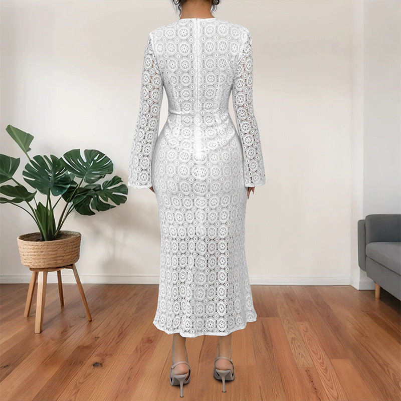 Damen Midikleid aus Häkelspitze mit taillierter Silhouette, Trompetenärmeln und ausgestelltem Saum Shop Nory
