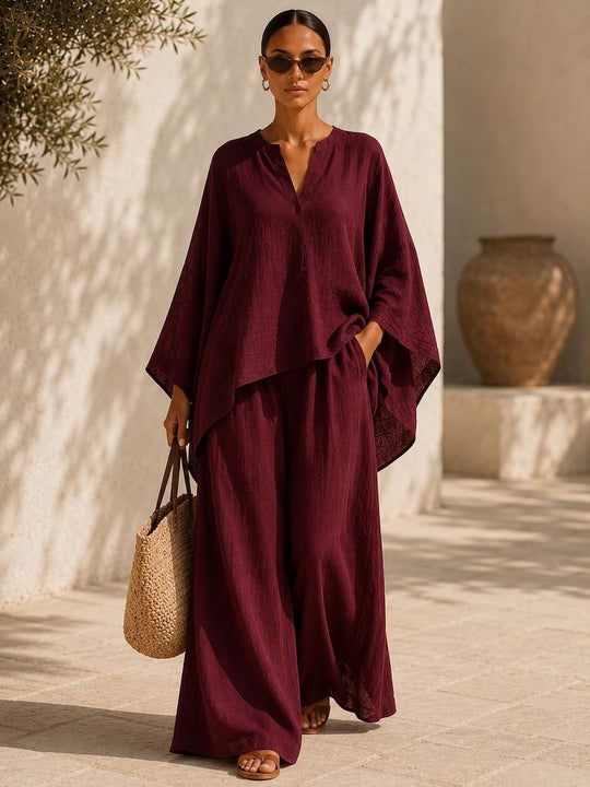 Damen Leichte Leinenmischung Übergroße Kaftan-Oberteil und Kordelzug Weitbein-Hosen Set Shop Nory