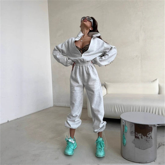 Damen Loungewear-Set mit halbem Reißverschluss, elastischem Taillenbund und weiter Jogginghose Shop Nory