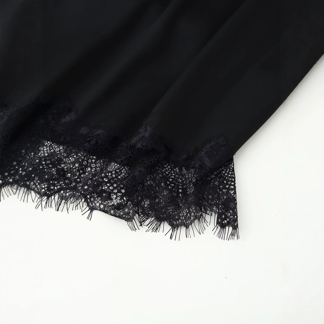 Damen Seidige Langarmbluse mit Stehkragen und Spitzenbesatz Shop Nory