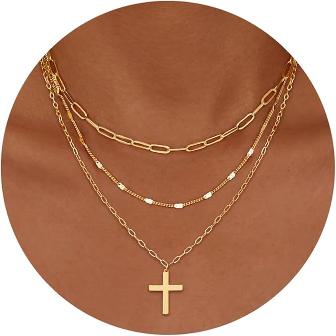 Damen mehrlagige Halskette mit modernem Kreuzanhänger und funkelnden Zirkonia Shop Nory