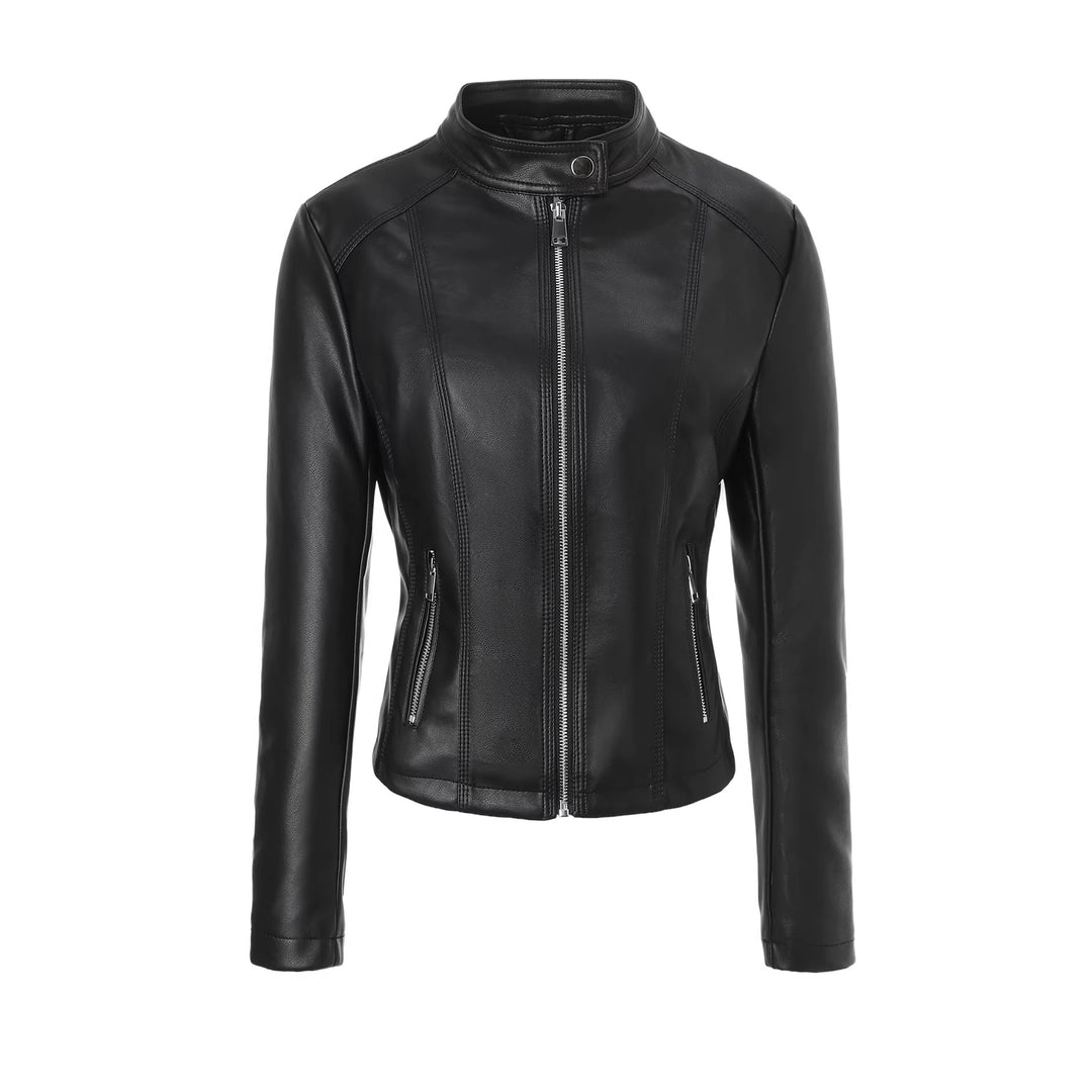 Damen Taillierte Lederjacke mit Stehkragen, vertikalen Ziernähten und Reißverschlusstaschen Shop Nory