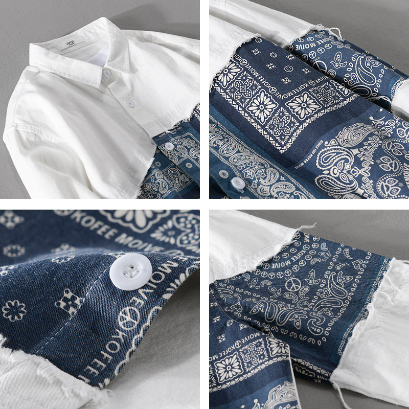 Herren Patchwork-Hemdjacke mit Bandana-Einsatz, rohen Kanten und weiter Passform Shop Nory