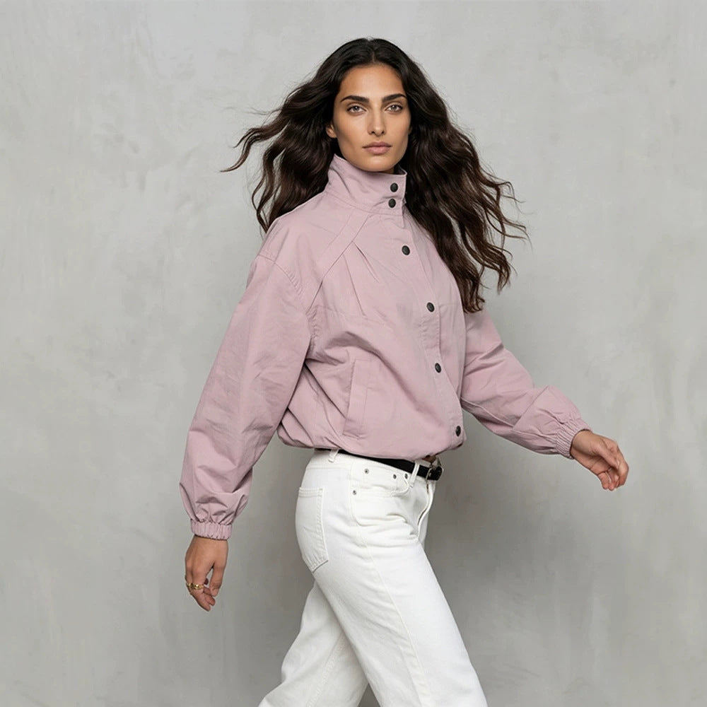 Damen Kurze Boxy-Bomberjacke mit Stehkragen und Druckknopfverschluss Shop Nory