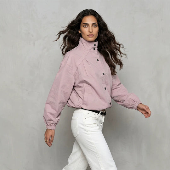 Damen Kurze Boxy-Bomberjacke mit Stehkragen und Druckknopfverschluss Shop Nory
