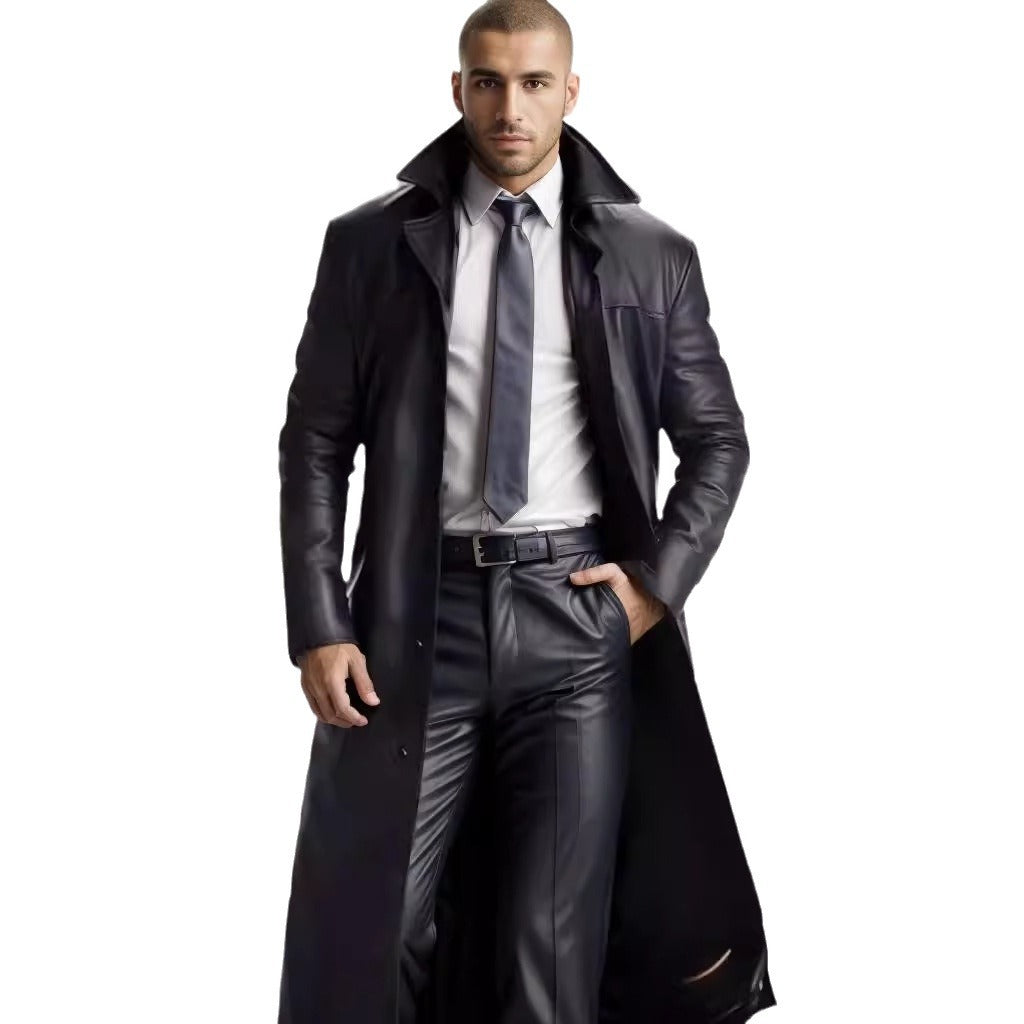 Herren Langer Ledermantel im Trench-Stil mit schmaler Silhouette und Stehkragen Shop Nory