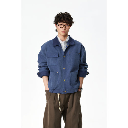 Unisex Kurz geschnittene Canvas-Fieldjacke mit Cordkragen und vier aufgesetzten Taschen Shop Nory