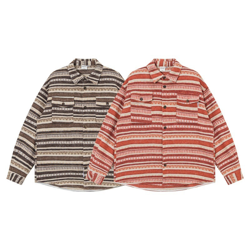 Unisex Oversize-Strickshirtjacke im Ethno‑Streifenmuster mit Pattentaschen Shop Nory