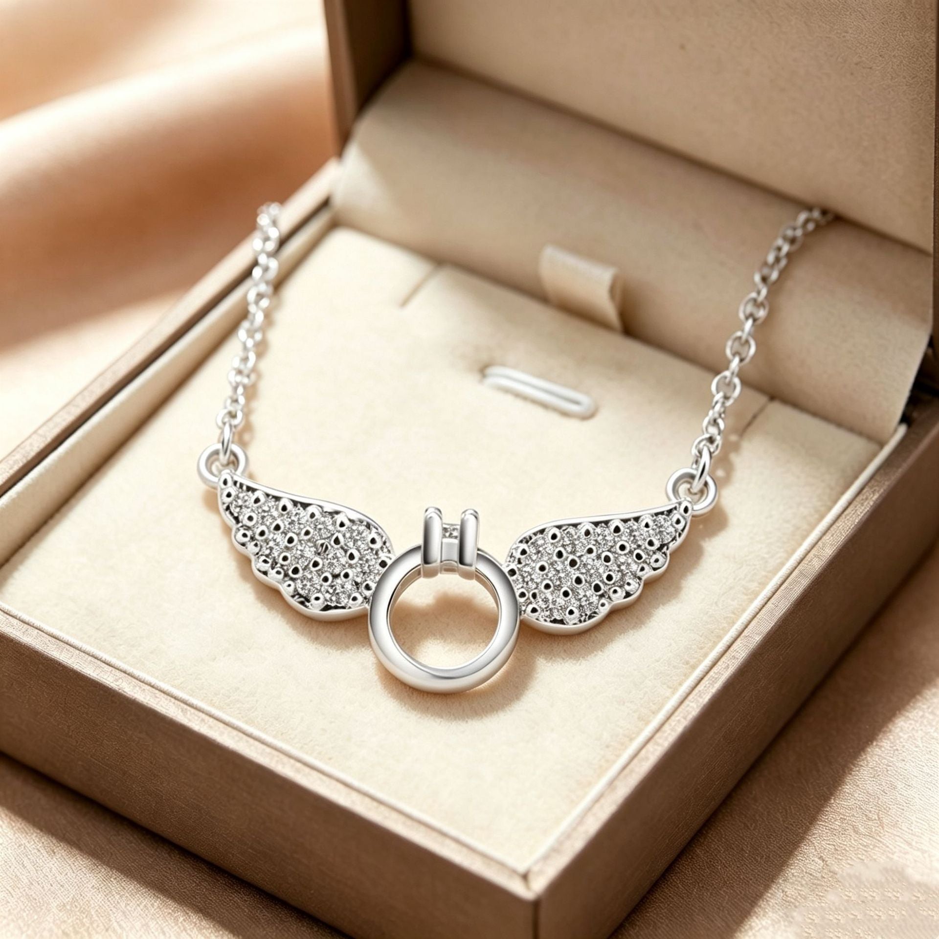 Damen Halskette mit filigranem Flügelanhänger und funkelnden Zirkonia Shop Nory