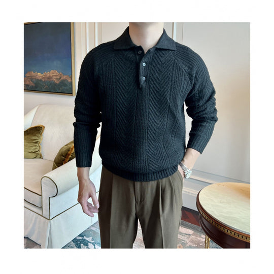 Herren Polokragen-Zopfstrick-Pullover mit halber Knopfleiste Shop Nory